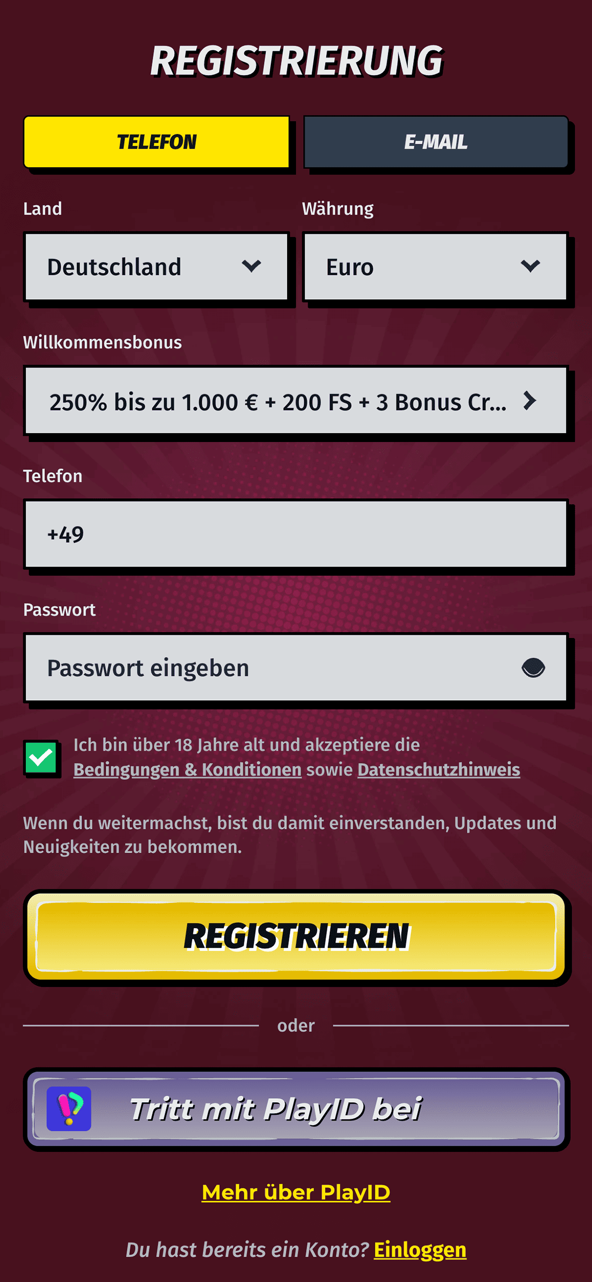 Allyspin Registrierungsformular Schritt 1