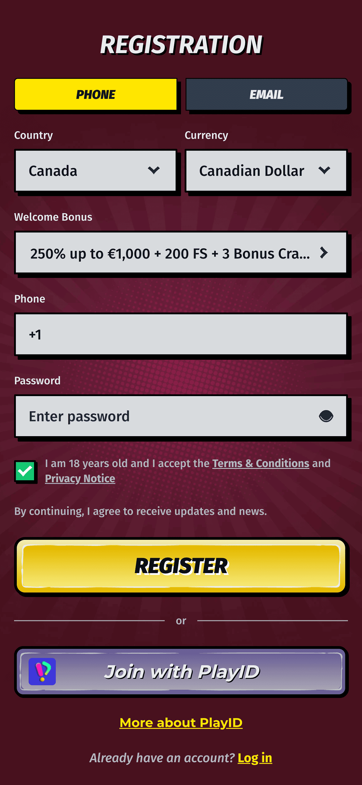 Allyspin registration form step 1