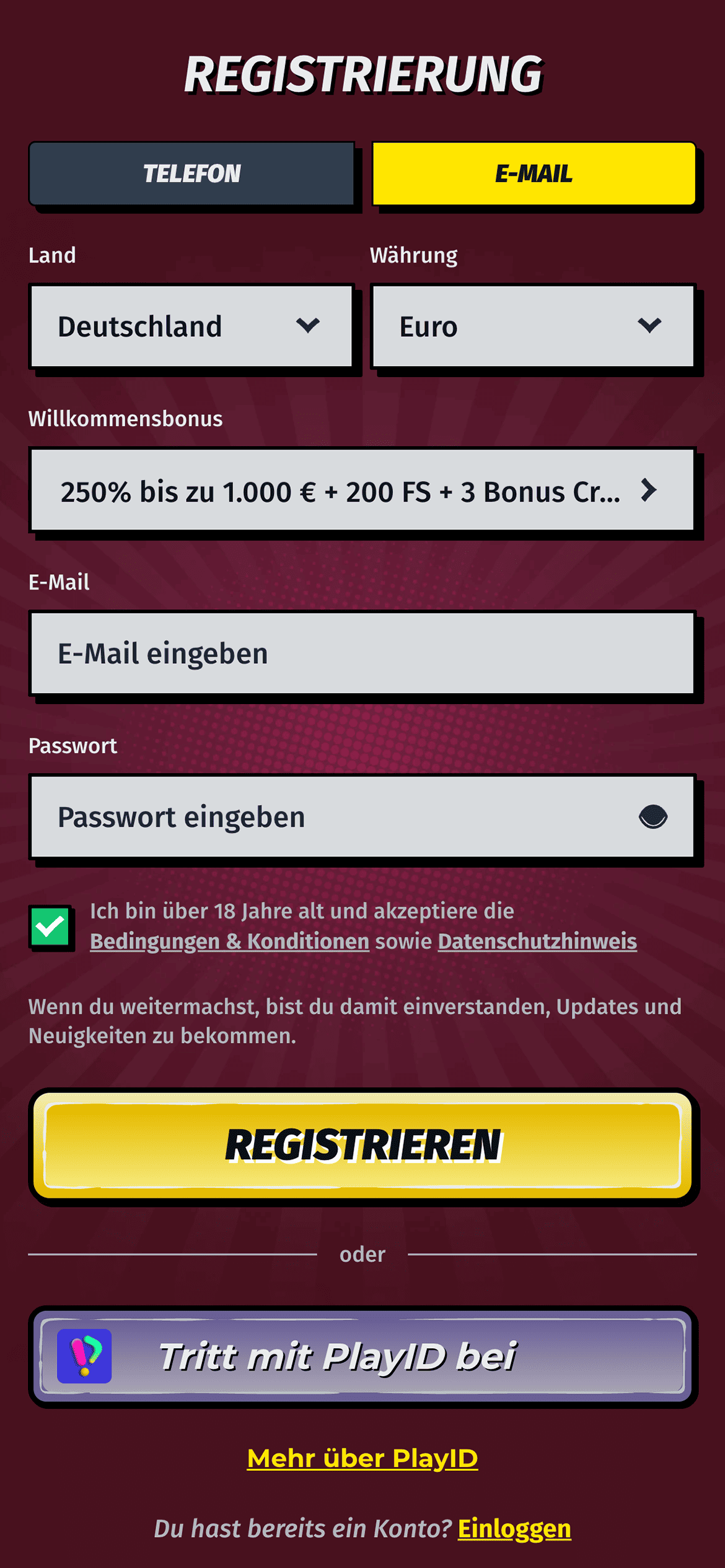 Allyspin Registrierungsformular Schritt 2